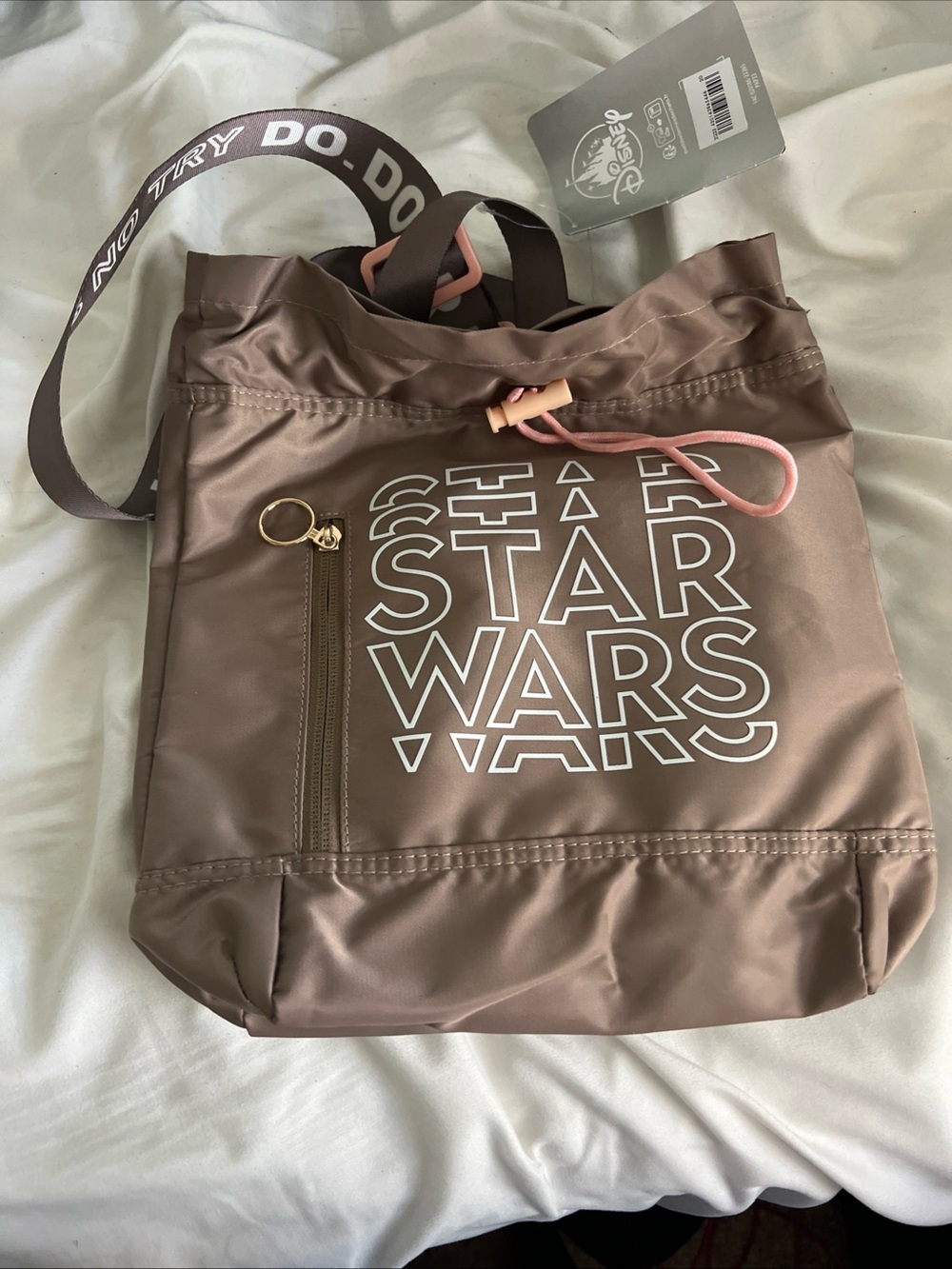 Disney Brown Tote Bag with Pink Drawstring and White STAR WARS Print